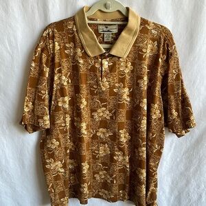 Island Connection rust, tan, and white Hawaiian print polo, size 2XL